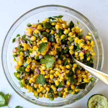 Roasted Chili Corn Salsa in a glass bowl.